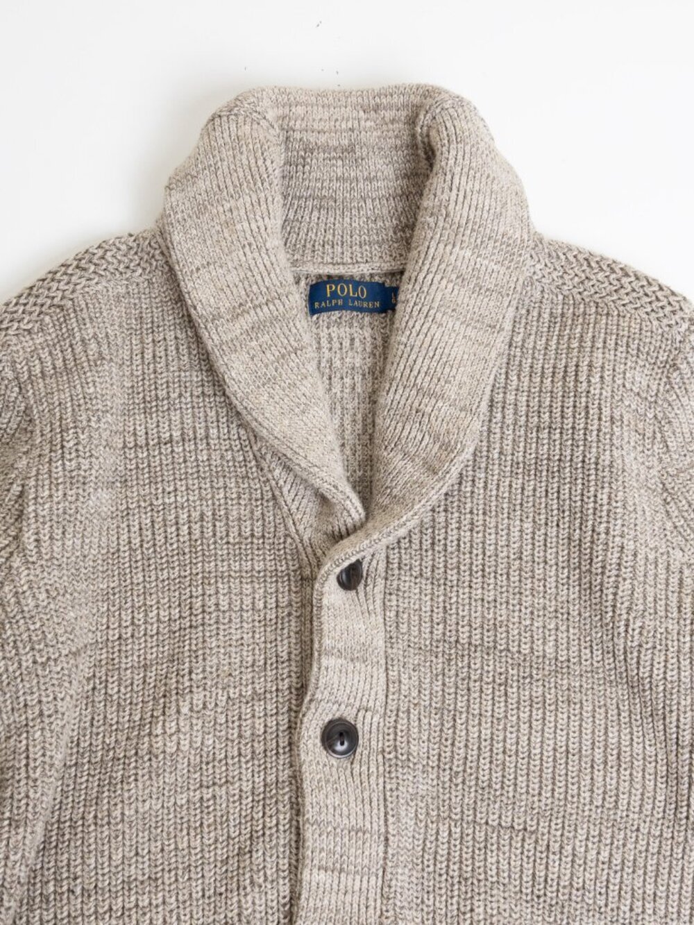 Polo Ralph Lauren Chunky Shawl Collar Cardigan Oatmeal Beige Cotton Knit L - Picture 4 of 13